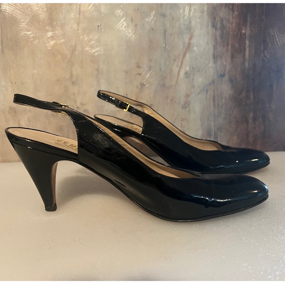Vintage Salvatore Ferragamo Slingback Pumps Womens 8 Black Good Patent Leather